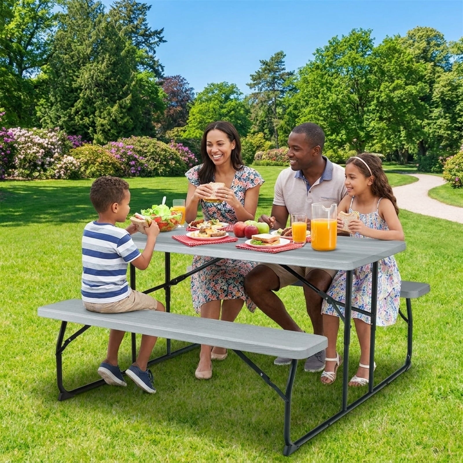 Biotree Indoor and Outdoor Folding Picnic Table Bench Set with Wood-like Texture, Gray