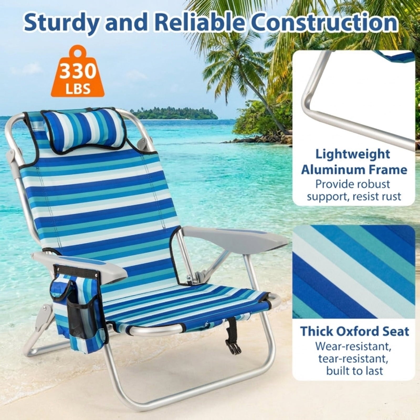 Biotree Set of 2 Folding Beach Chair for Adults with 4-Position Adjustable Backrest Stackable Patio Chair for Garden BackyardBlue