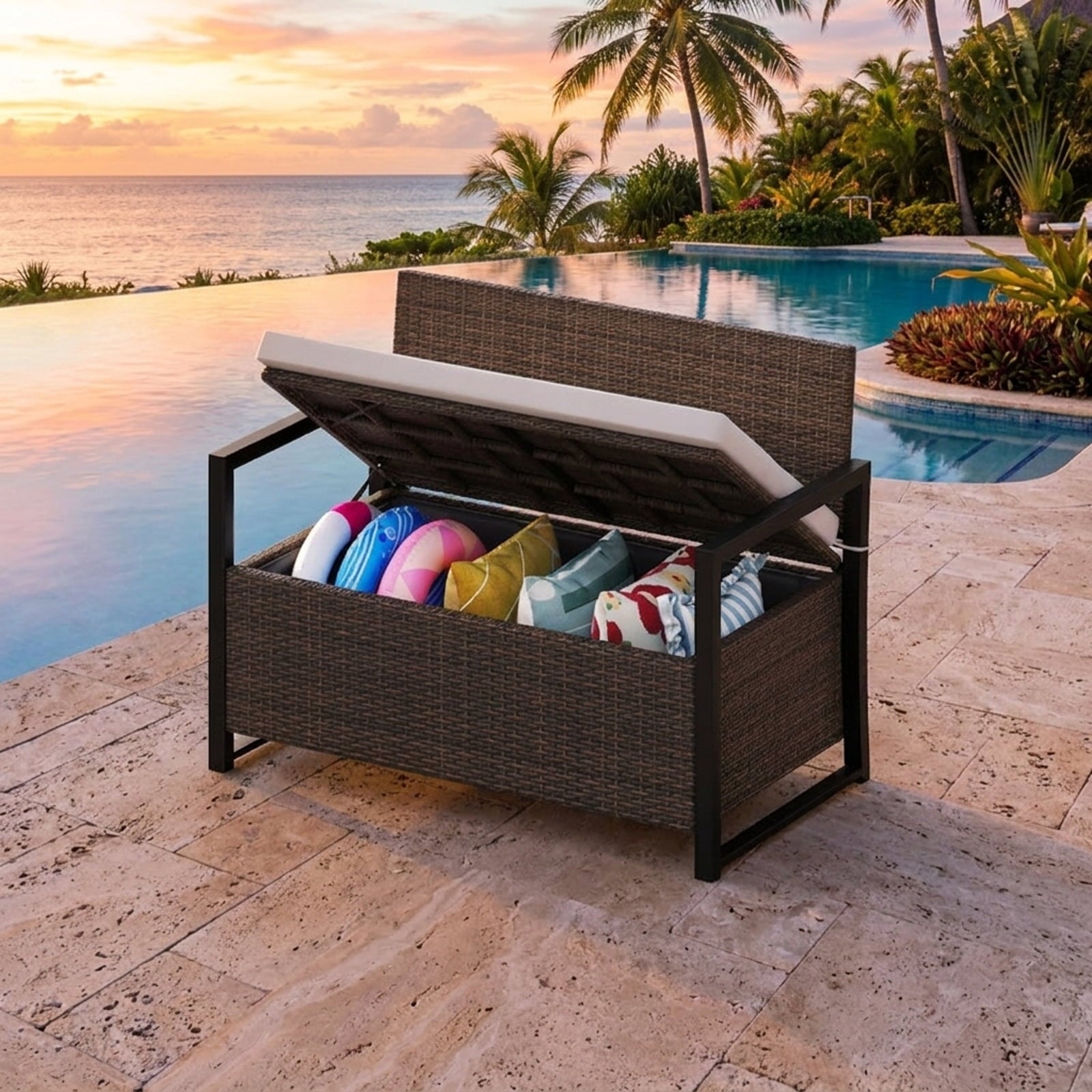 Biotree Patio Storage Bench Outdoor Waterproof for Patio Deck Garden Cushions, Brown