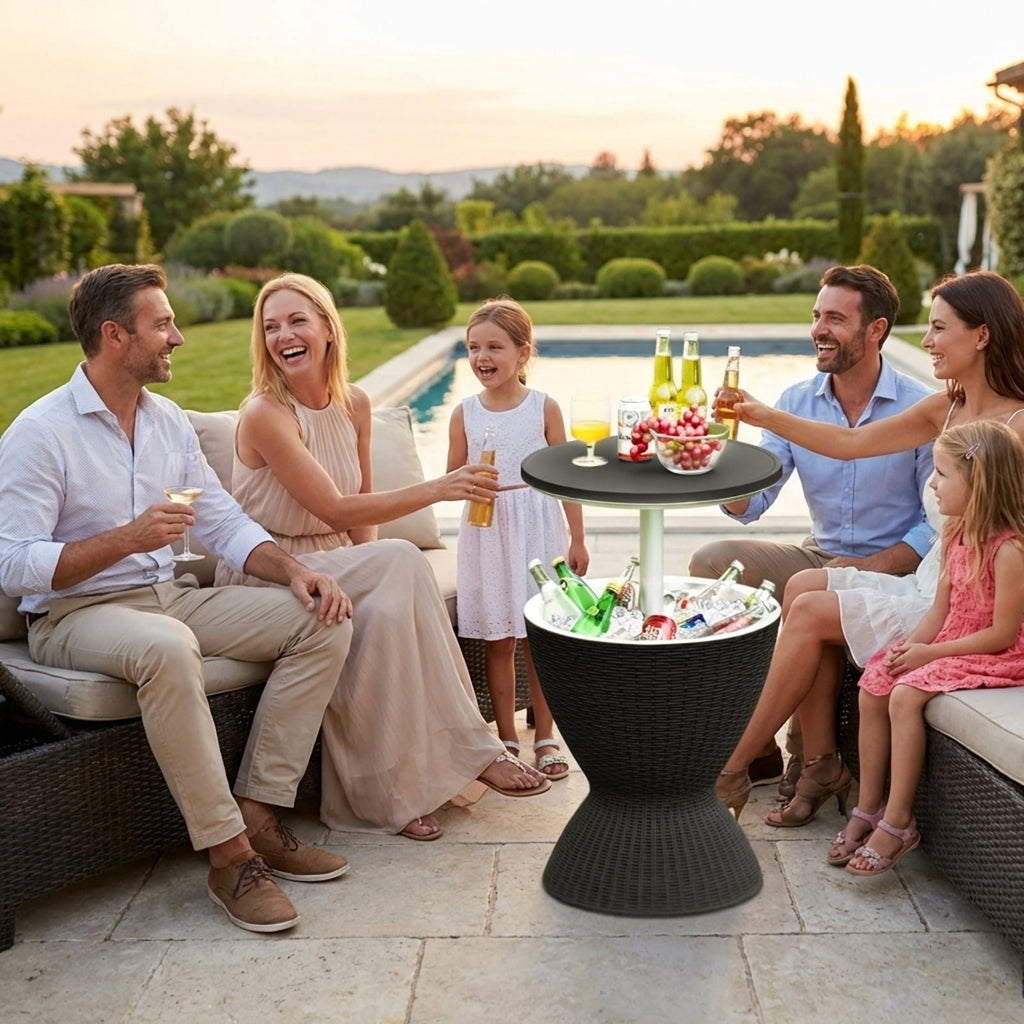 Biotree 3 in 1 8 Gallon Patio Rattan Cooler Bar Table with Adjust Ice Bucket-Black Outdoor Party Entertainment