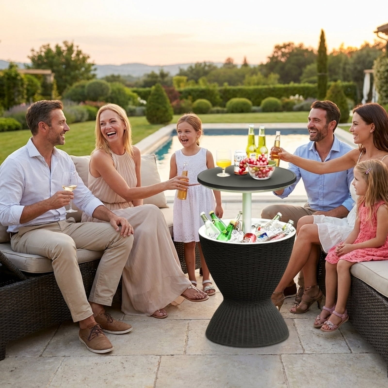 Biotree 3 in 1 8 Gallon Patio Rattan Cooler Bar Table with Adjust Ice Bucket-Black Outdoor Party Entertainment