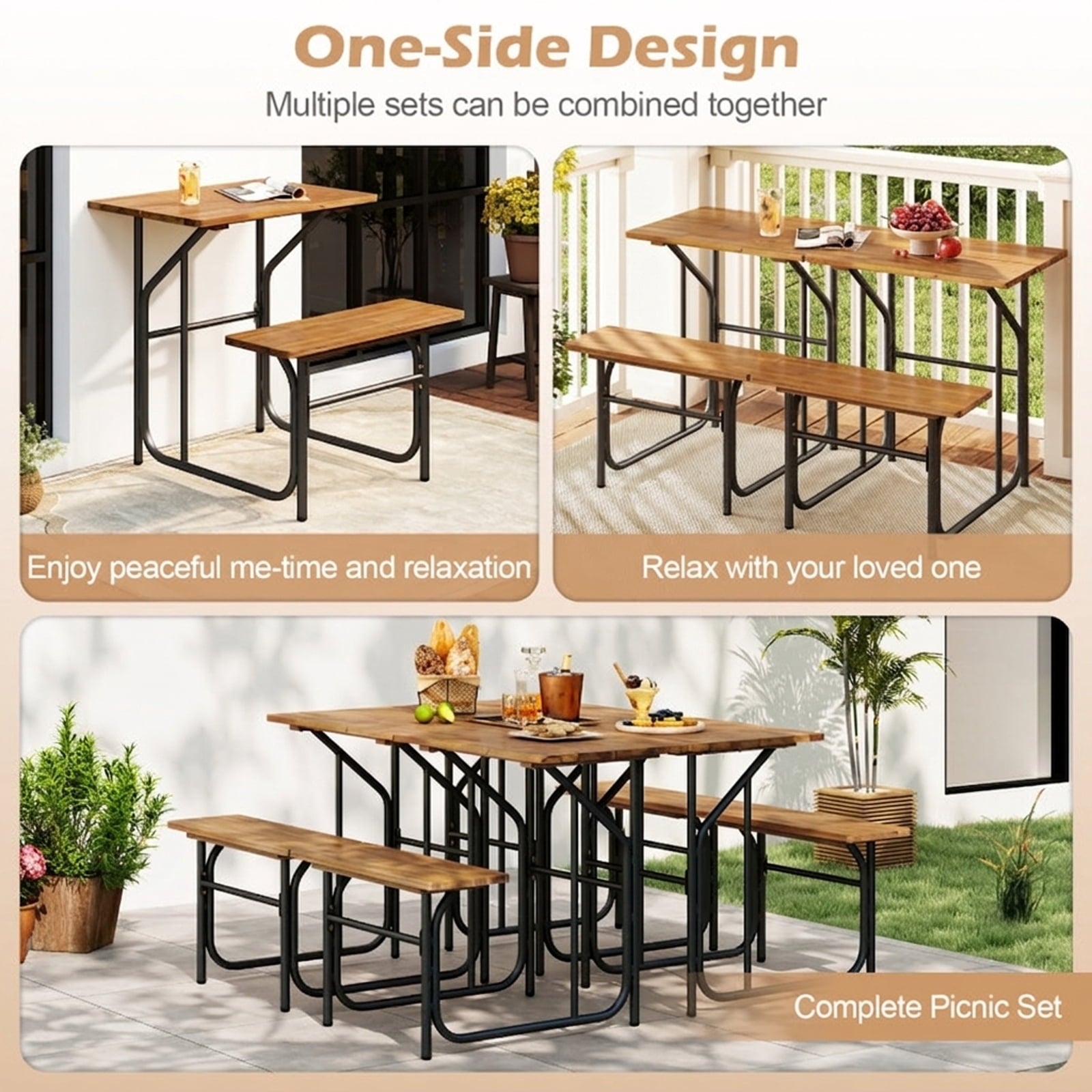 Biotree Acacia Wood Patio Table Bench Set One-Side Picnic Table and Seat, Black
