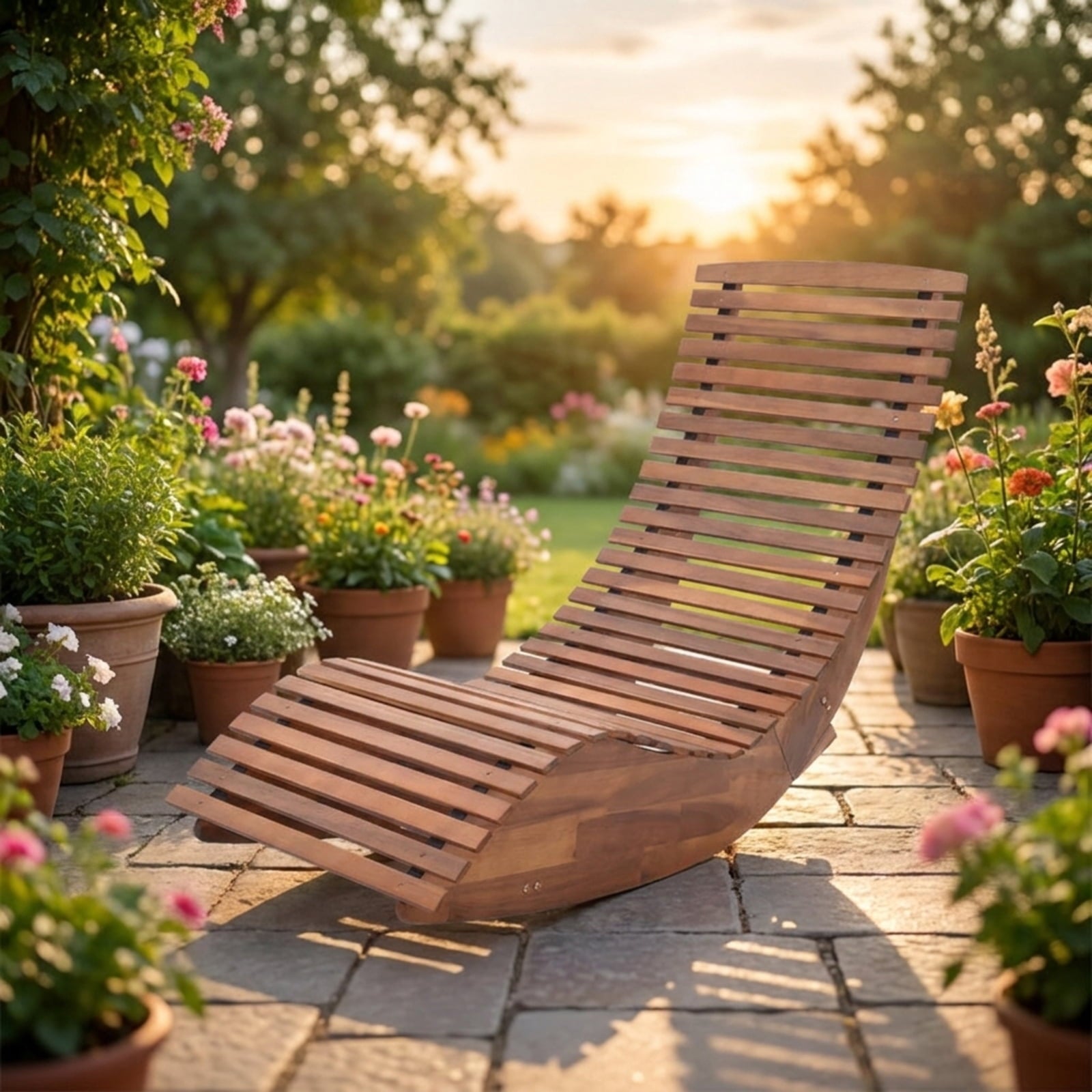 Biotree Outdoor Acacia Wood Rocking Chair with Widened Slatted Seat and High Back Stackable Patio Chair for Garden BackyardNatural