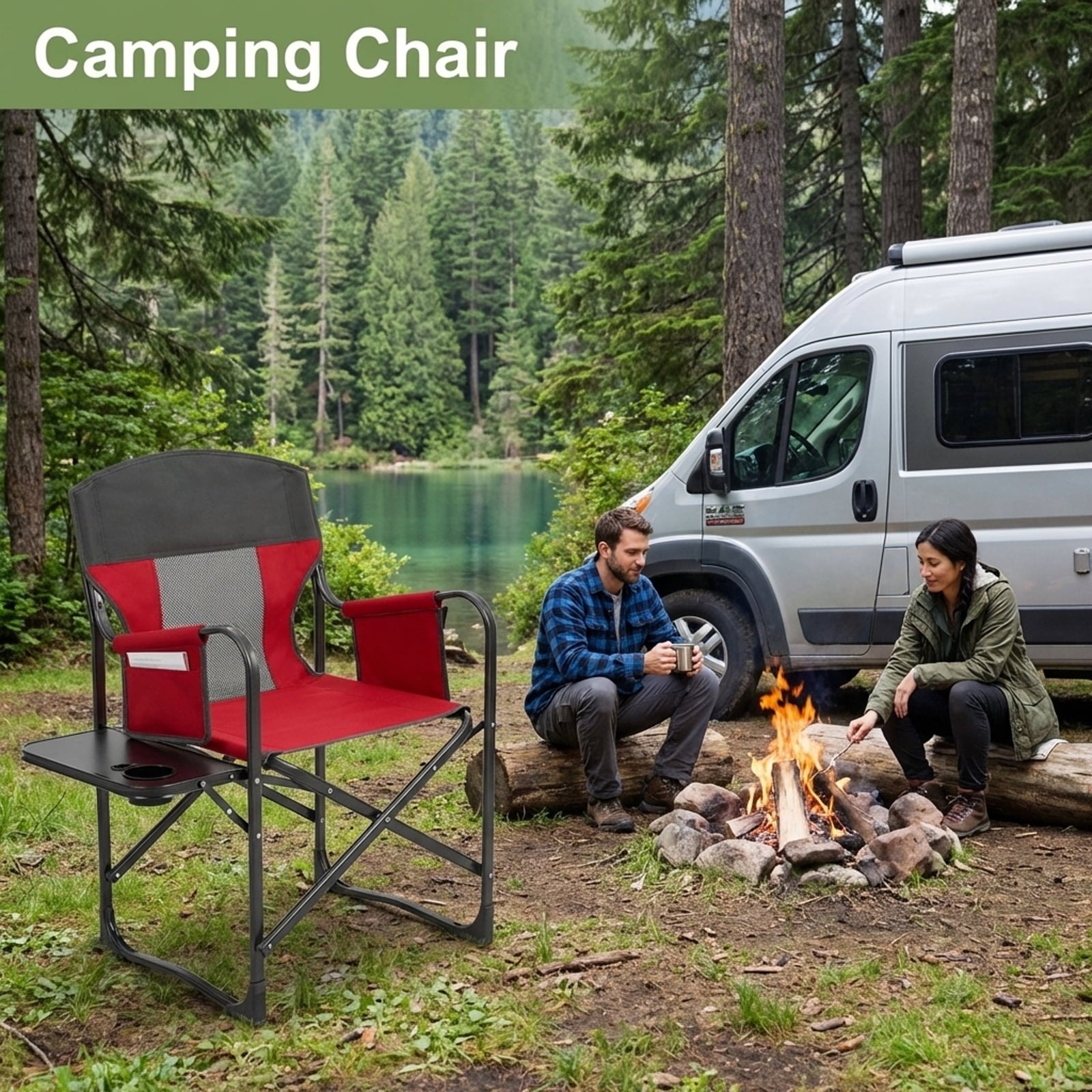 Biotree Folding Directors Camping Chair with Cooler Bag and Side Table Heavy Duty 400 lb Capacity Portable Outdoor Chair, Red