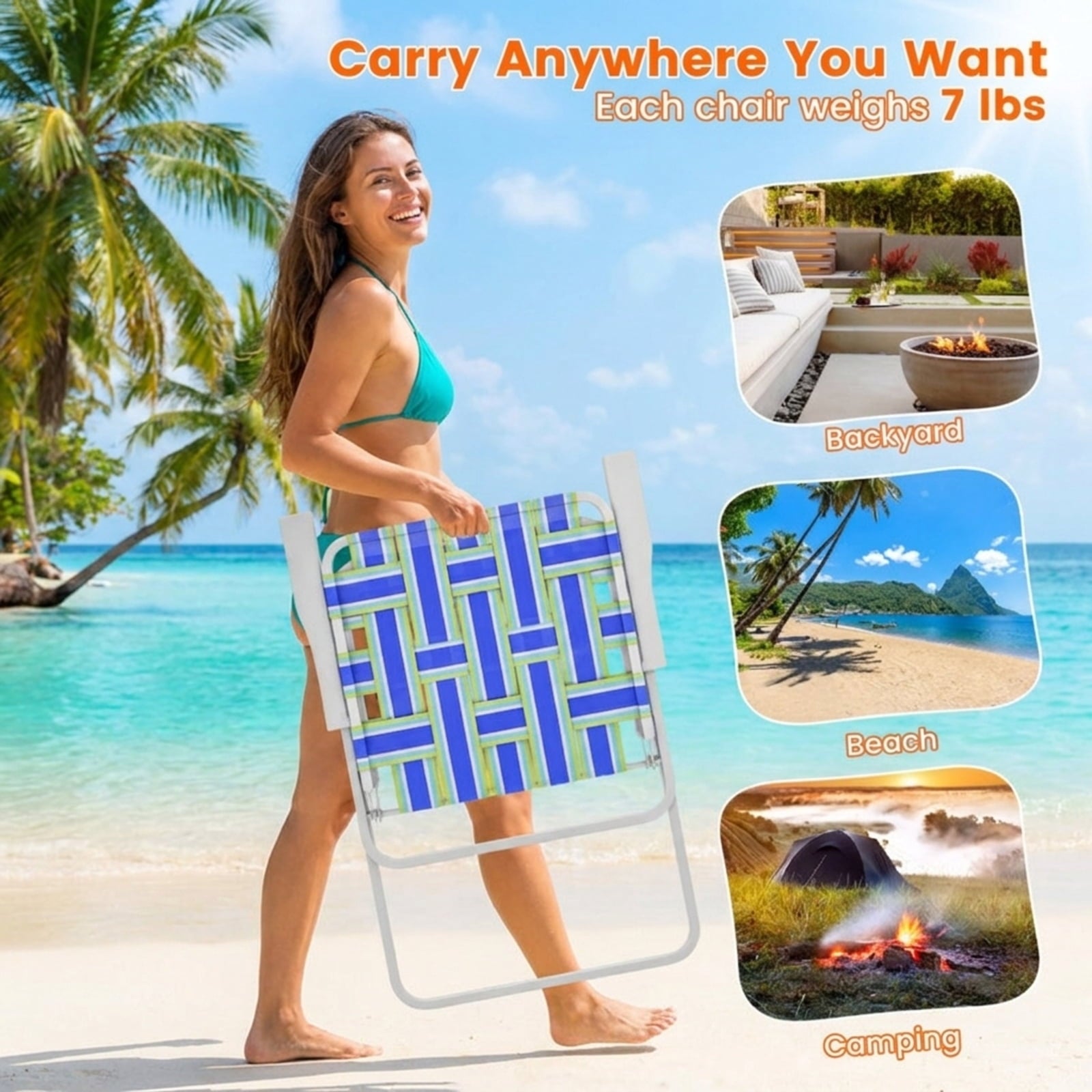 Biotree 2 Pieces Folding Beach Chair Camping Lawn Webbing Chair Stackable Patio Chair for Garden BackyardBlue