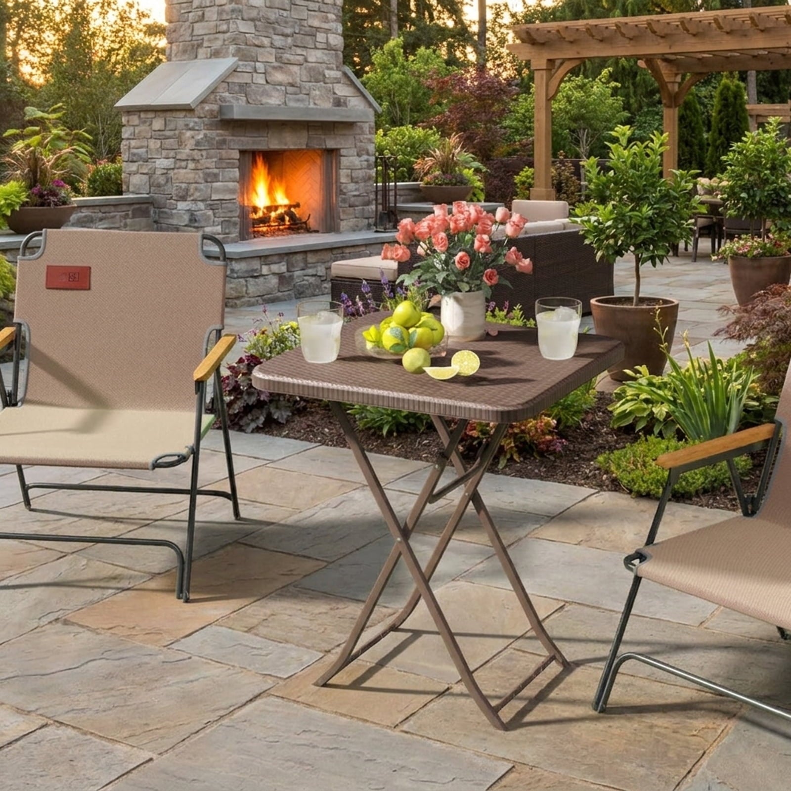 Biotree Folding Picnic Table with Rattan Grain HDPE Tabletop and Sturdy Metal Fame, Coffee