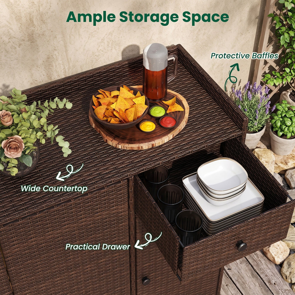 Biotree Outdoor PE Wicker Storage Cabinet with 3 Doors, Weatherproof Rattan Deck Box with Countertop, Adjustable Shelves Drawer for Patio Garden Deck, Brown