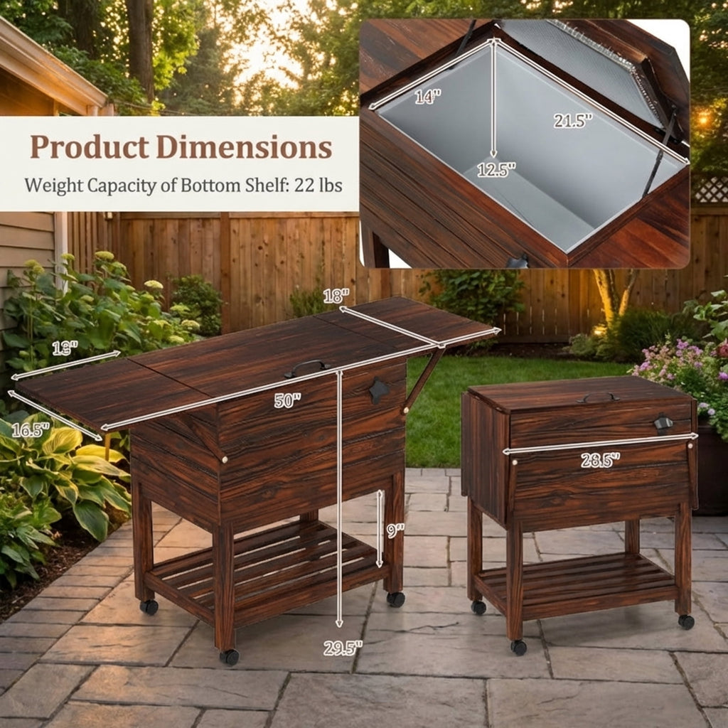 Biotree 54 Quart Wooden Cooler Cart for Patio with Shelves Rolling Ice Chest with Drain Plug Outdoor Cooler Cart, Brown