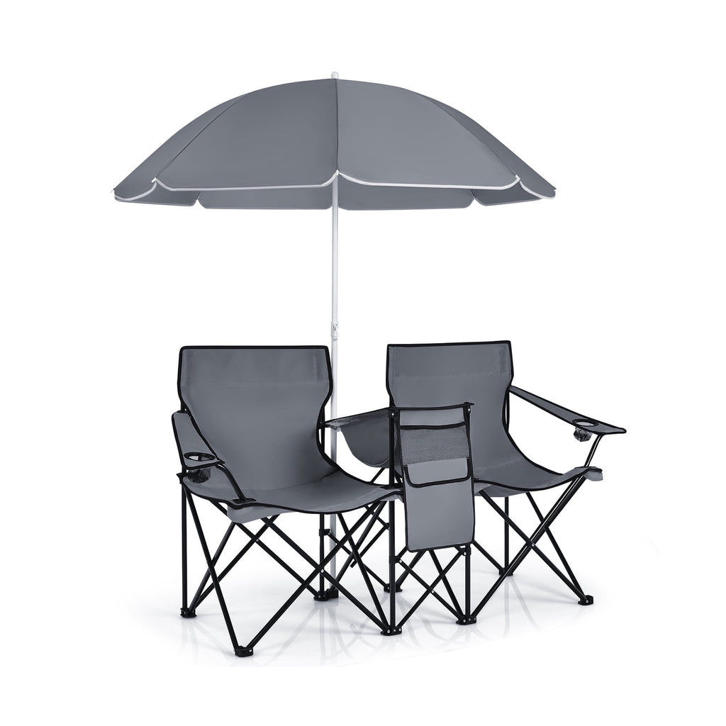 Biotree Double Camping Chair with Removable Umbrella Portable Folding Loveseat with Cooler Bag and Cup Holders for Beach Picnic, Gray