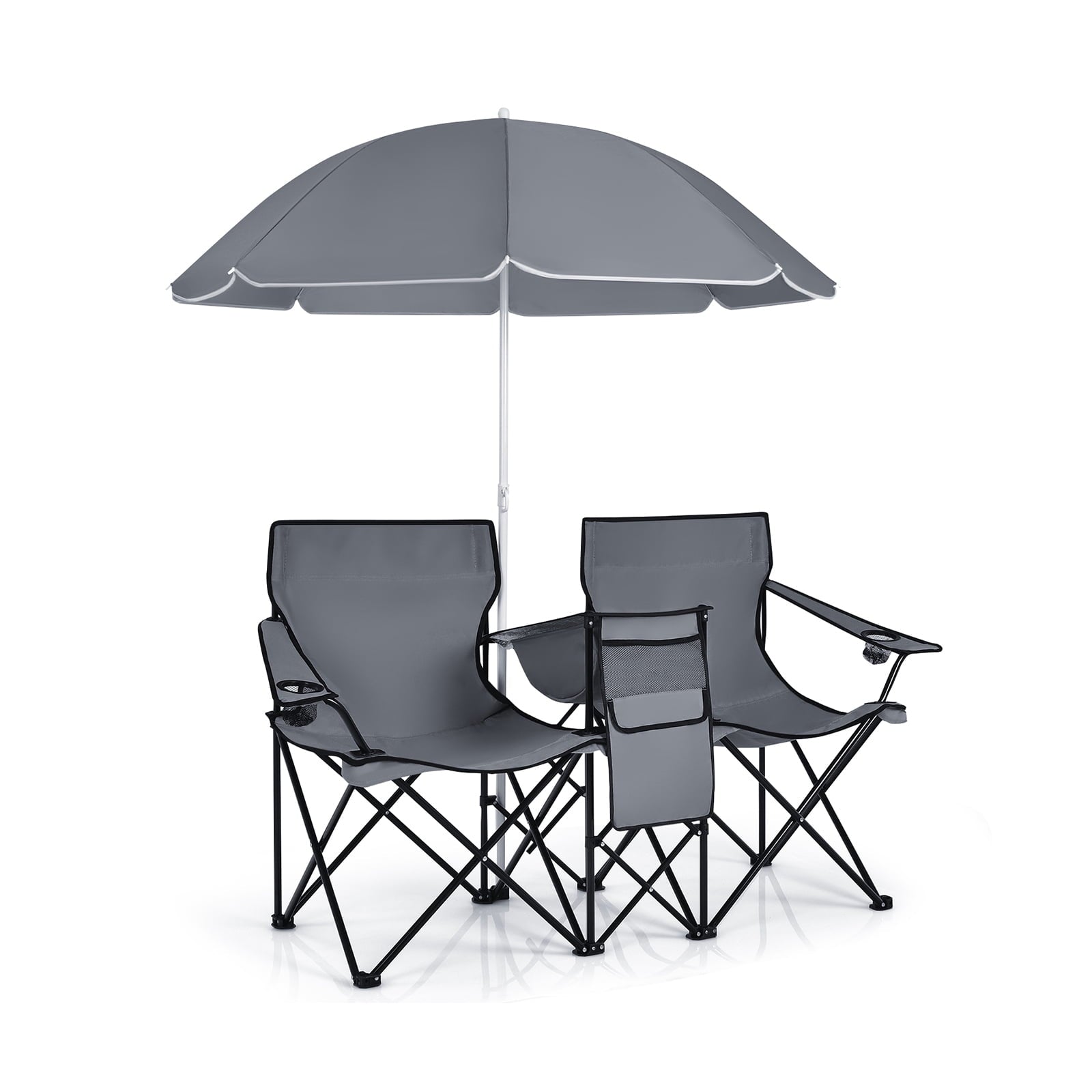 Biotree Double Camping Chair with Removable Umbrella Portable Folding Loveseat with Cooler Bag and Cup Holders for Beach Picnic, Gray