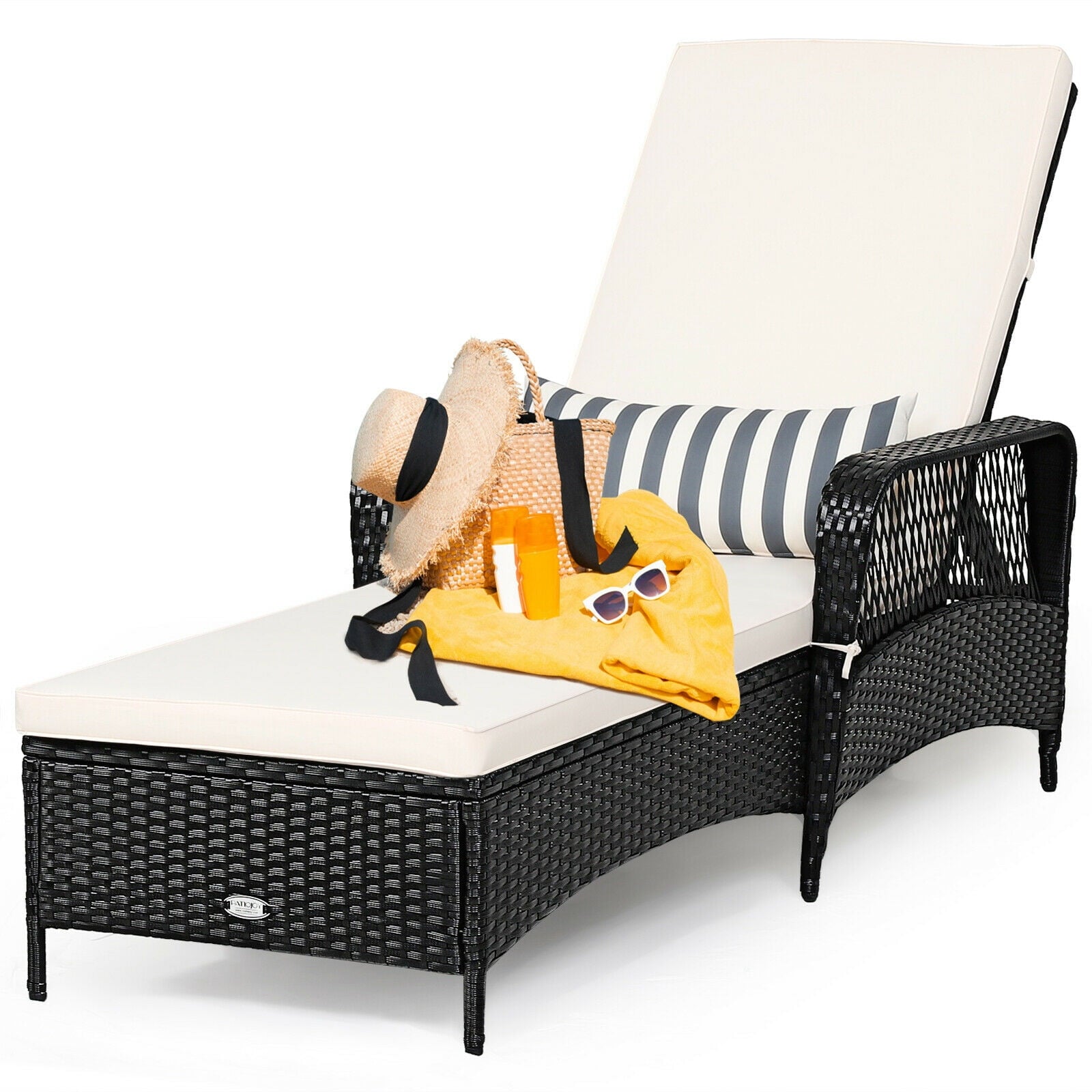 Biotree PE Rattan Chaise Lounge Chair with Adjustable Pillow-Black