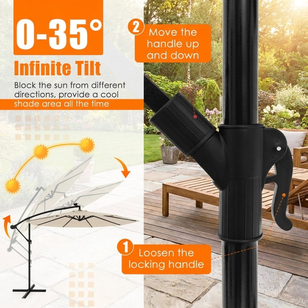 Biotree 10 ft Solar Offset Hanging Umbrella with 40 LED Lights Cross Base and 180G Polyester Canopy for Deck Garden Backyard - Tan