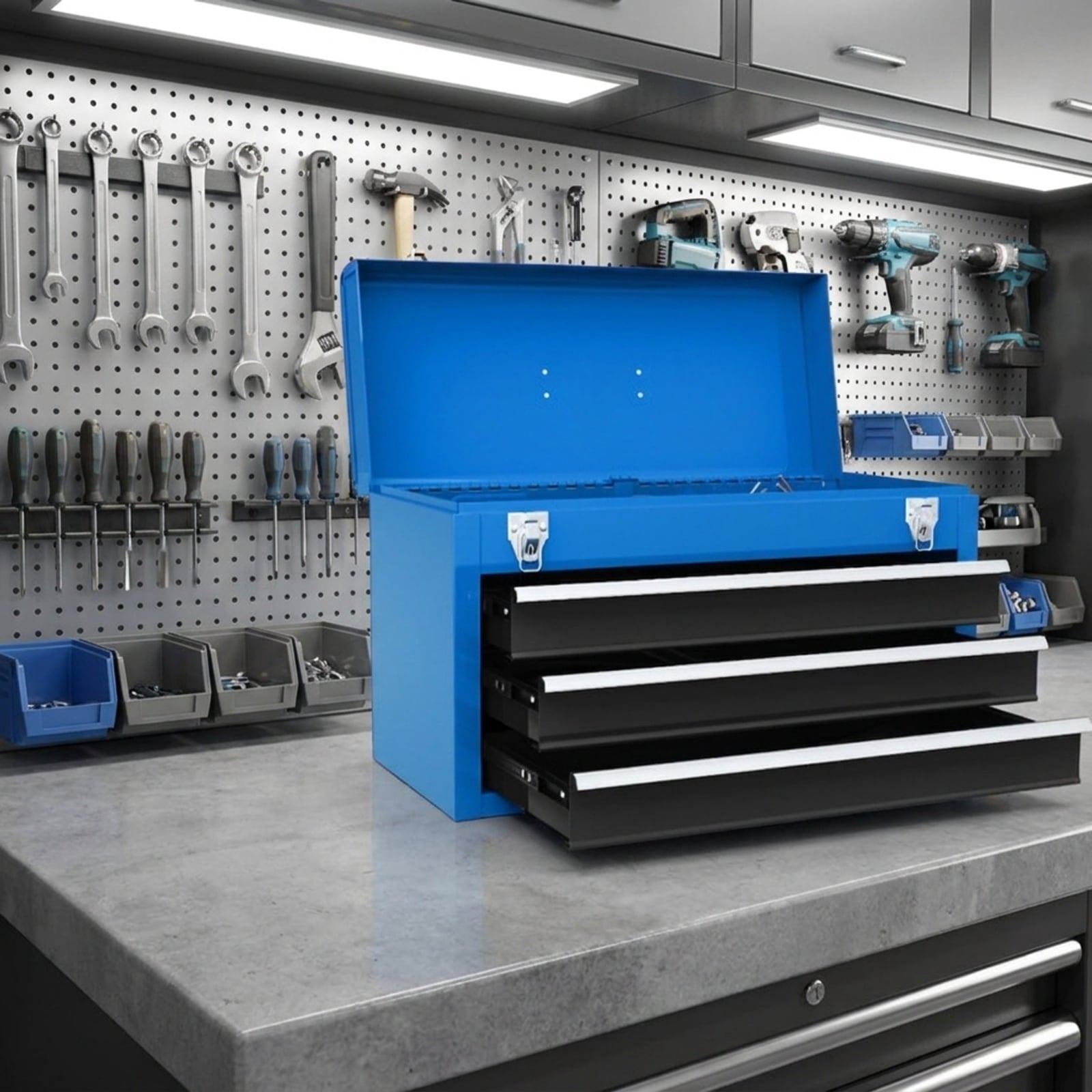 Biotree Portable Garage Mechanic Tool Cabinet Box with 3 Drawers Outdoor Waterproof for Patio Deck Garden Cushions, Blue