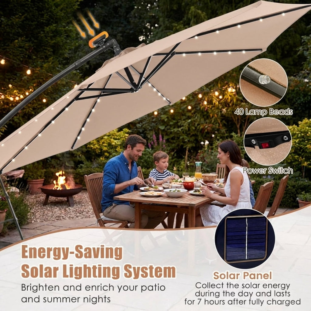 Biotree 10 ft Solar Offset Hanging Umbrella with 40 LED Lights and Cross Base 180G Polyester UV-Resistant Canopy for Outdoor - Wine Red