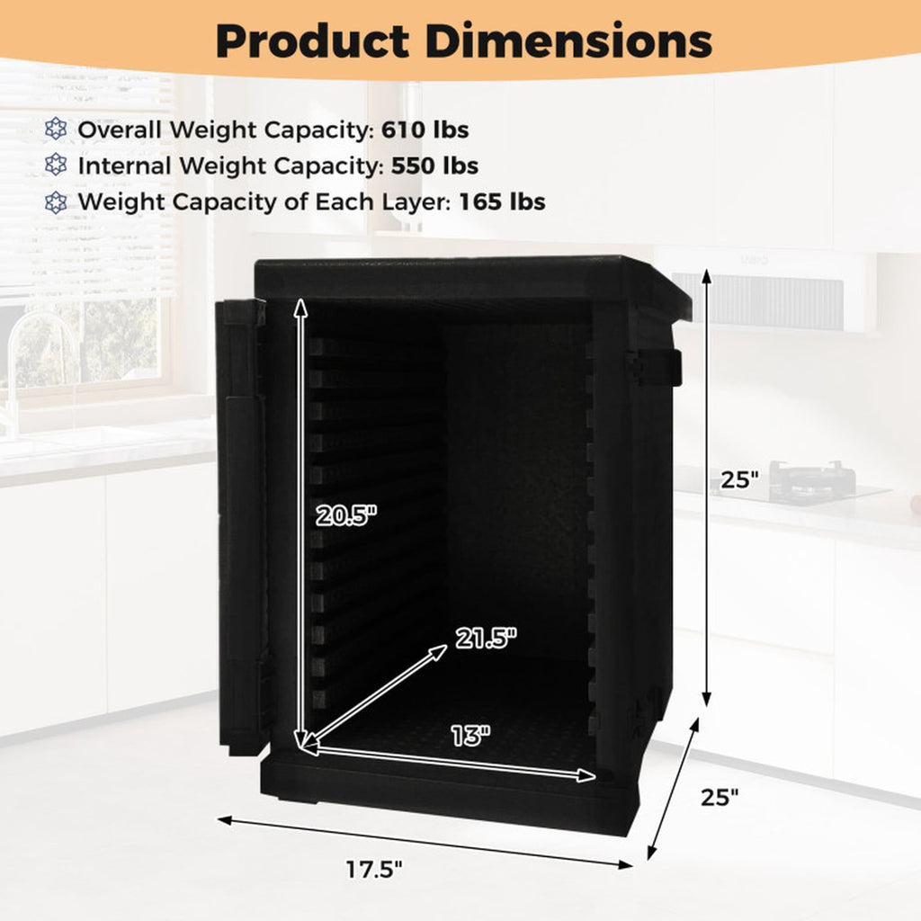 Biotree 91 Qt Insulated Food Pan Carrier with Safety Buckles and Shelf Dividers, Black