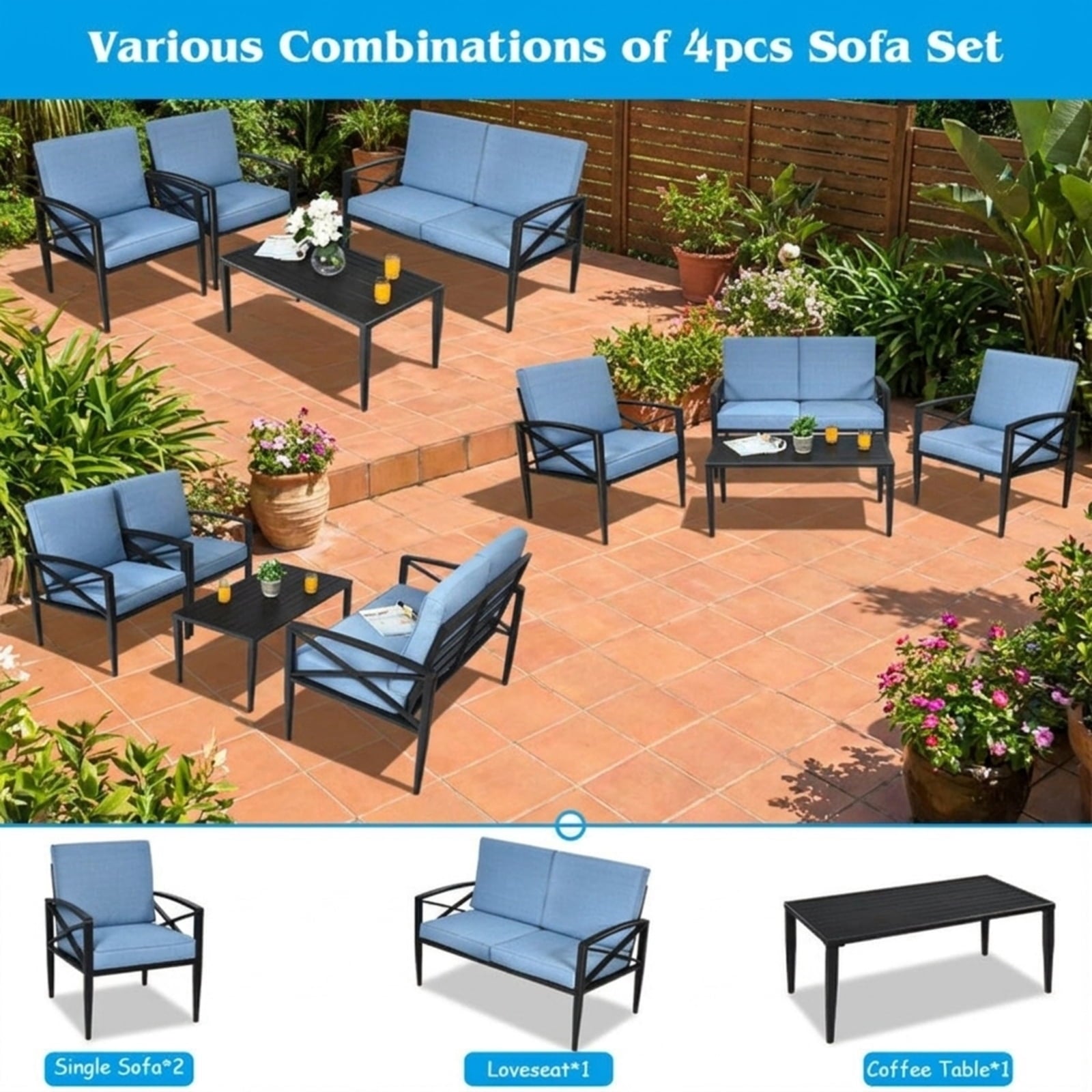 Biotree 4 Pieces Patio Furniture Set Aluminum Frame Cushioned Sofa Outdoor Conversation Set for Garden Backyard Porch