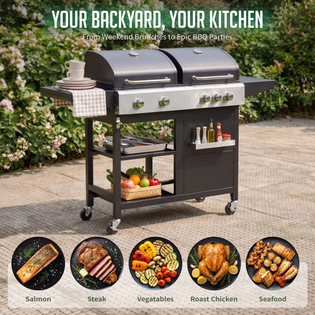 Biotree 5-Burner Propane Gas Grill and Griddle Combo, 54,000 BTU Dual Fuel BBQ Grill with Side Burner for Backyard, Patio Outdoor Cooking & Entertaining