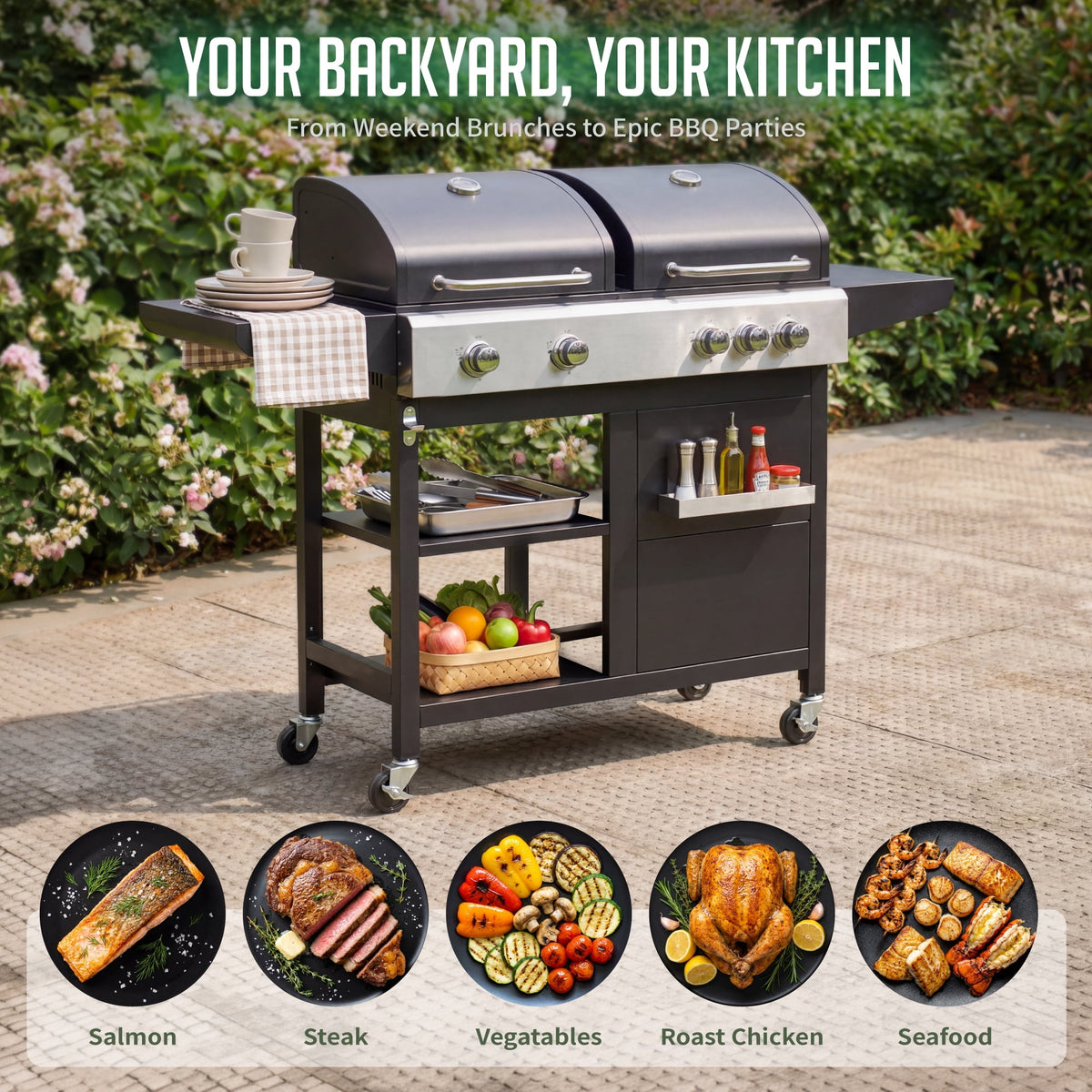 Biotree 5-Burner Propane Gas Grill and Griddle Combo, 54,000 BTU Dual Fuel BBQ Grill with Side Burner for Backyard, Patio Outdoor Cooking & Entertaining