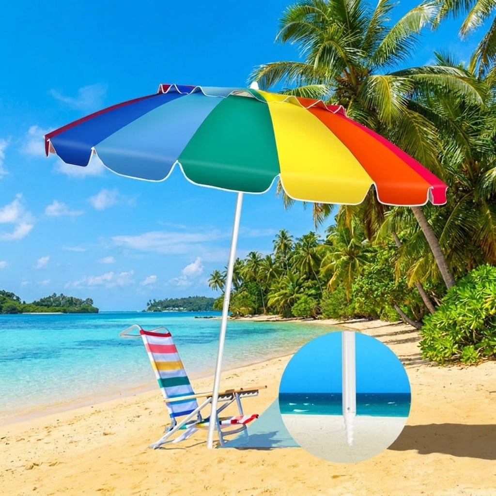 Biotree 8.0 ft Portable Beach Umbrella with Carrying Bag, 16 Ribs, Sand Tilt Mechanism - Multicolor for Backyard