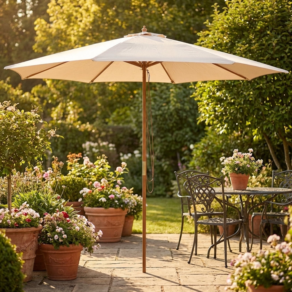 Biotree 10 Feet Patio Umbrella with 8 Wooden Ribs and 3 Adjustable Heights-Beige Deck Garden Pool Outdoor Living
