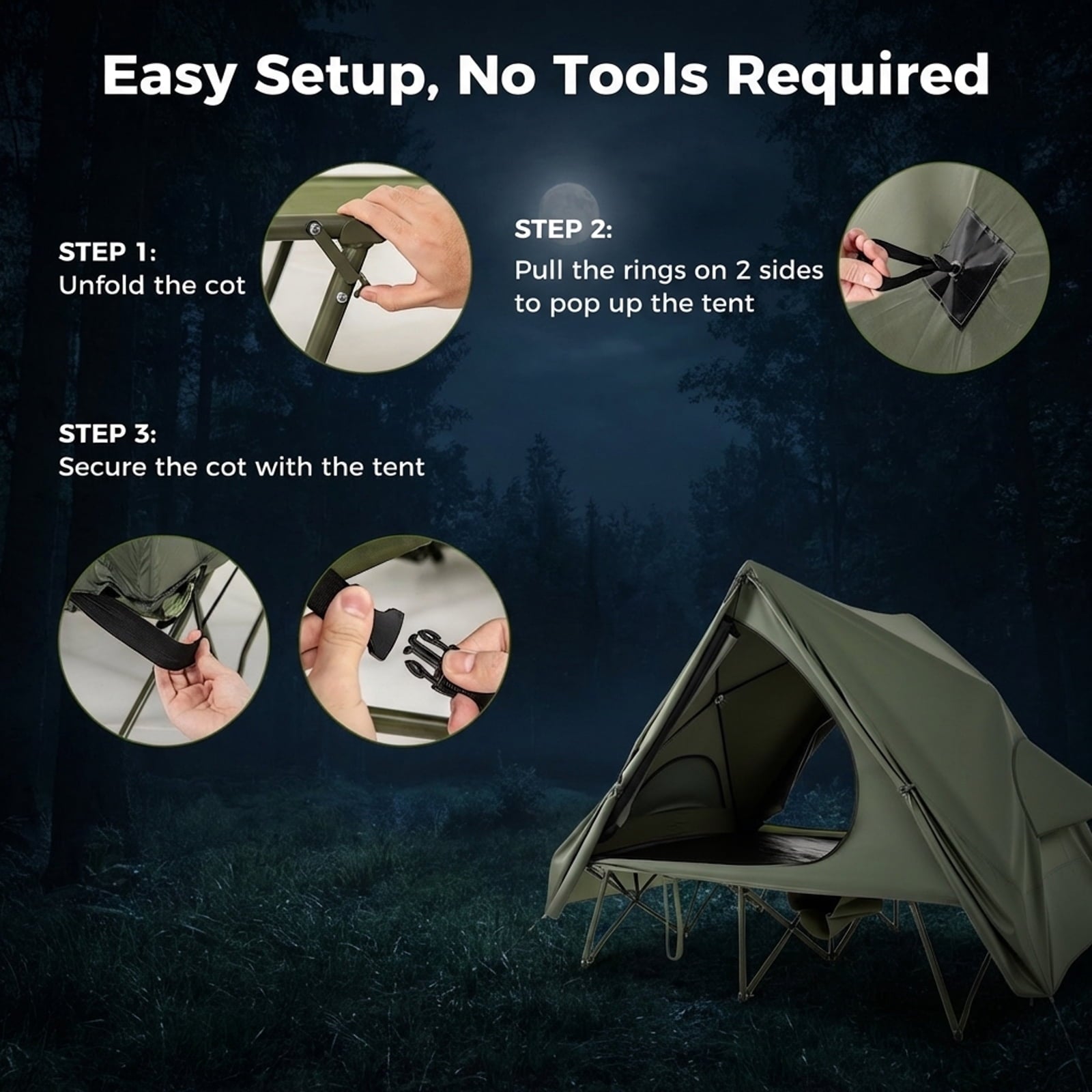 Biotree 2-Person Foldable Off-Ground Camping Cot Tent with Pop Up Shelter and Wheeled Carry Bag, Green