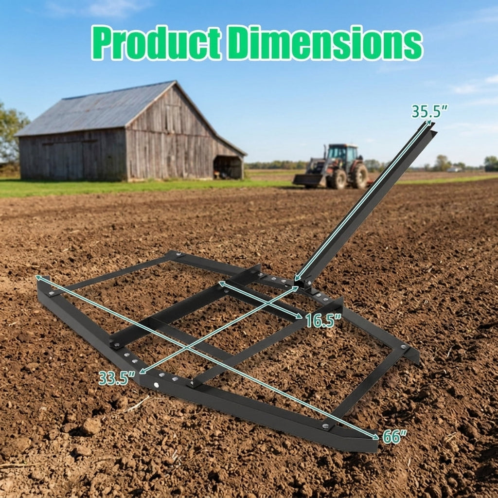 Biotree 66 Wide Driveway Drag Tow Behind Landscape Leveling Rake with Reinforced Bars for Lawn Garden Yard Soil Care, Black