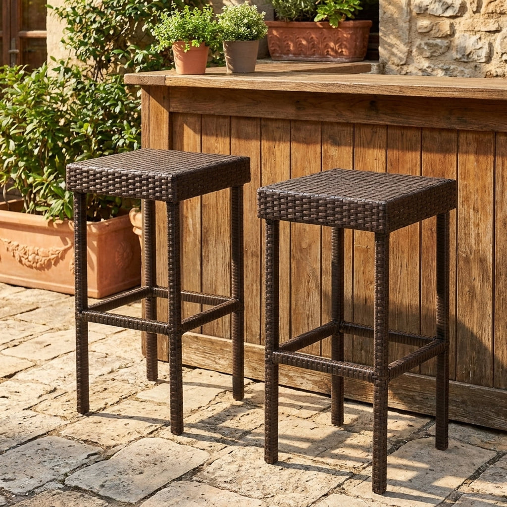 Biotree Set of 2 Patio Rattan Backless Bar Stool Chairs, Brown - Outdoor Patio Bar Height Chair with Footrest