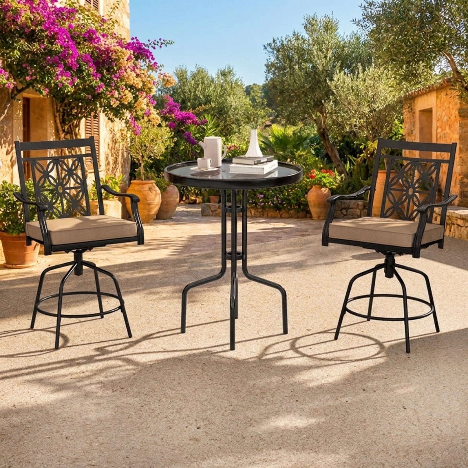 Biotree Set of 2 Outdoor Swivel Bar Stools with Cushioned Seats and Armrests, Brown - Outdoor Patio Bar Height Chair with Footrest