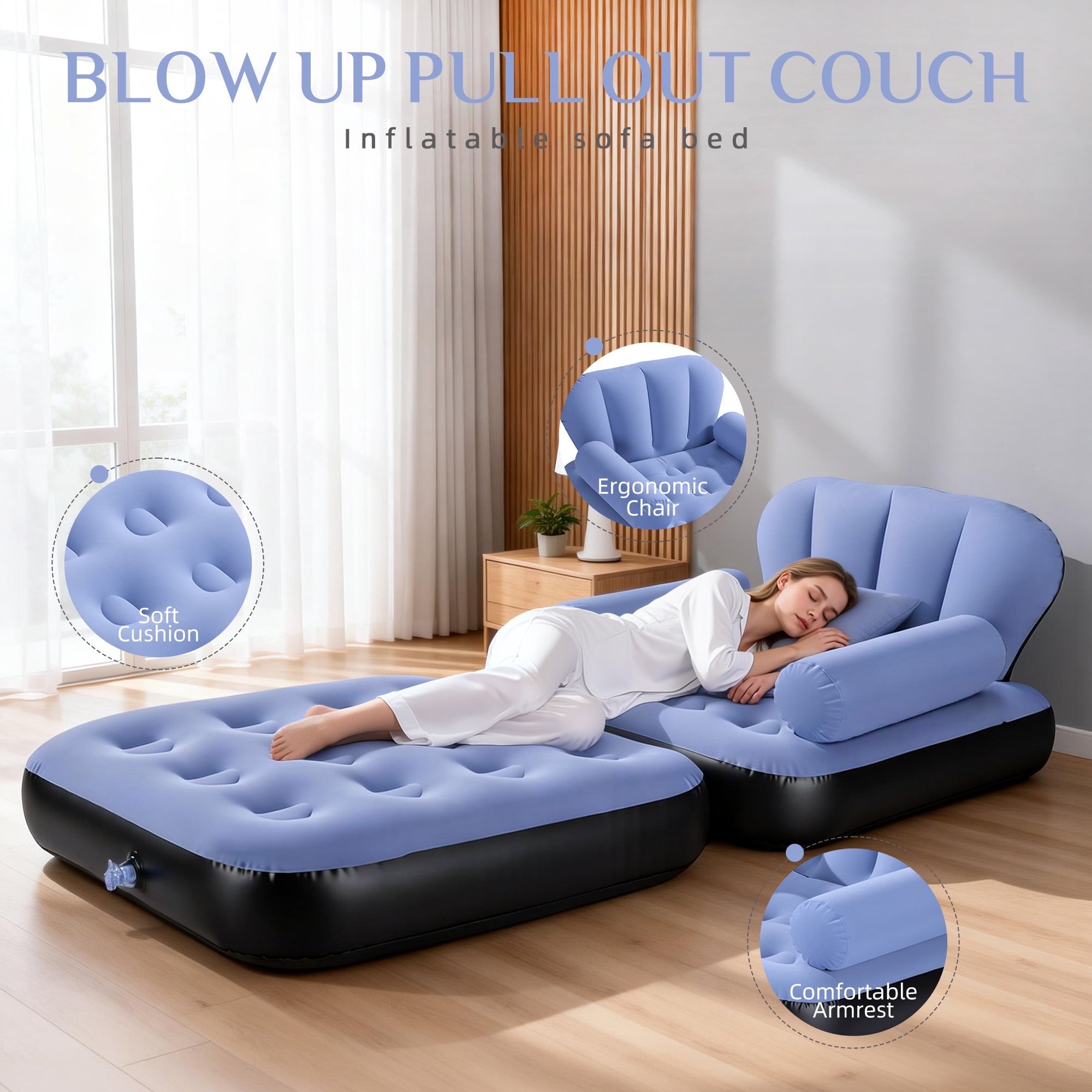 Biotree Inflatable Sofa Bed, 5-in-1 Foldable Thickened Flocked PVC Blow up Sofa with 2 Pumps, Air Couch Mattress for Camping,Blue