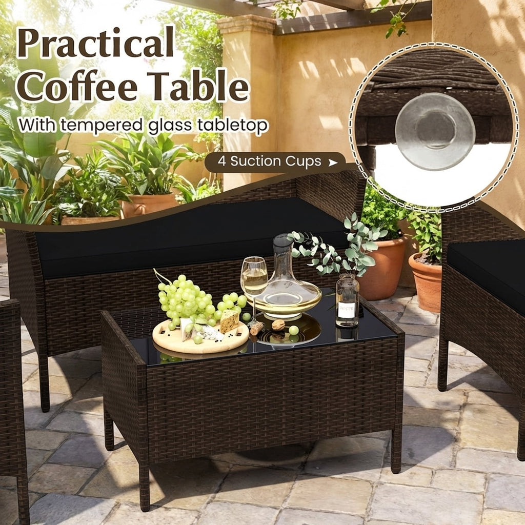 Biotree 4-Piece Patio Rattan Conversation Set with Cushions-Black