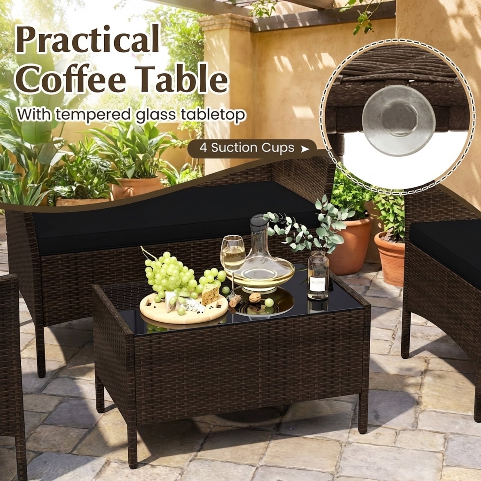 Biotree 4-Piece Patio Rattan Conversation Set with Cushions-Black