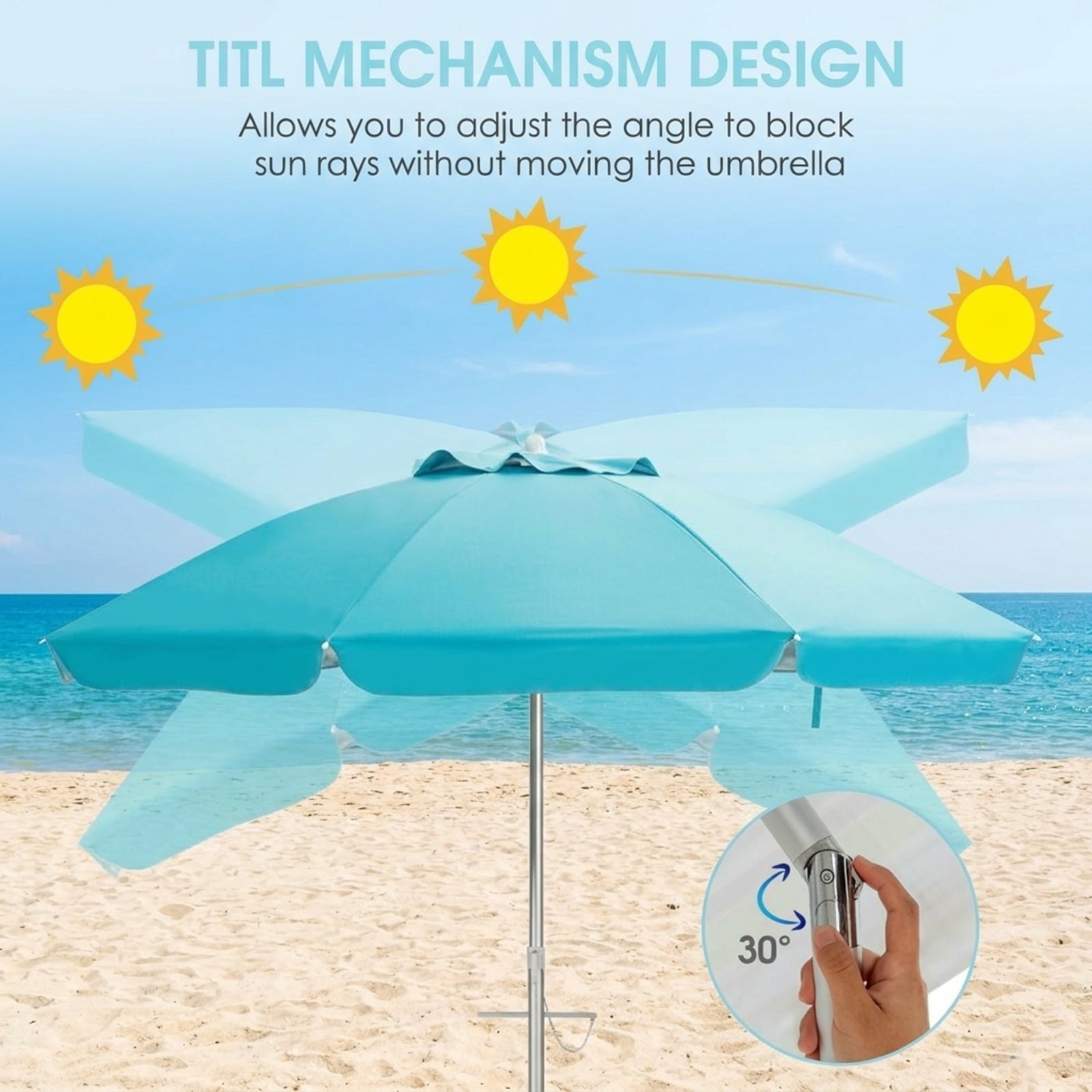 Biotree 6.5 ft Portable Beach Umbrella with Carrying Bag, 6 Ribs, Sand Tilt Mechanism - Blue for Backyard