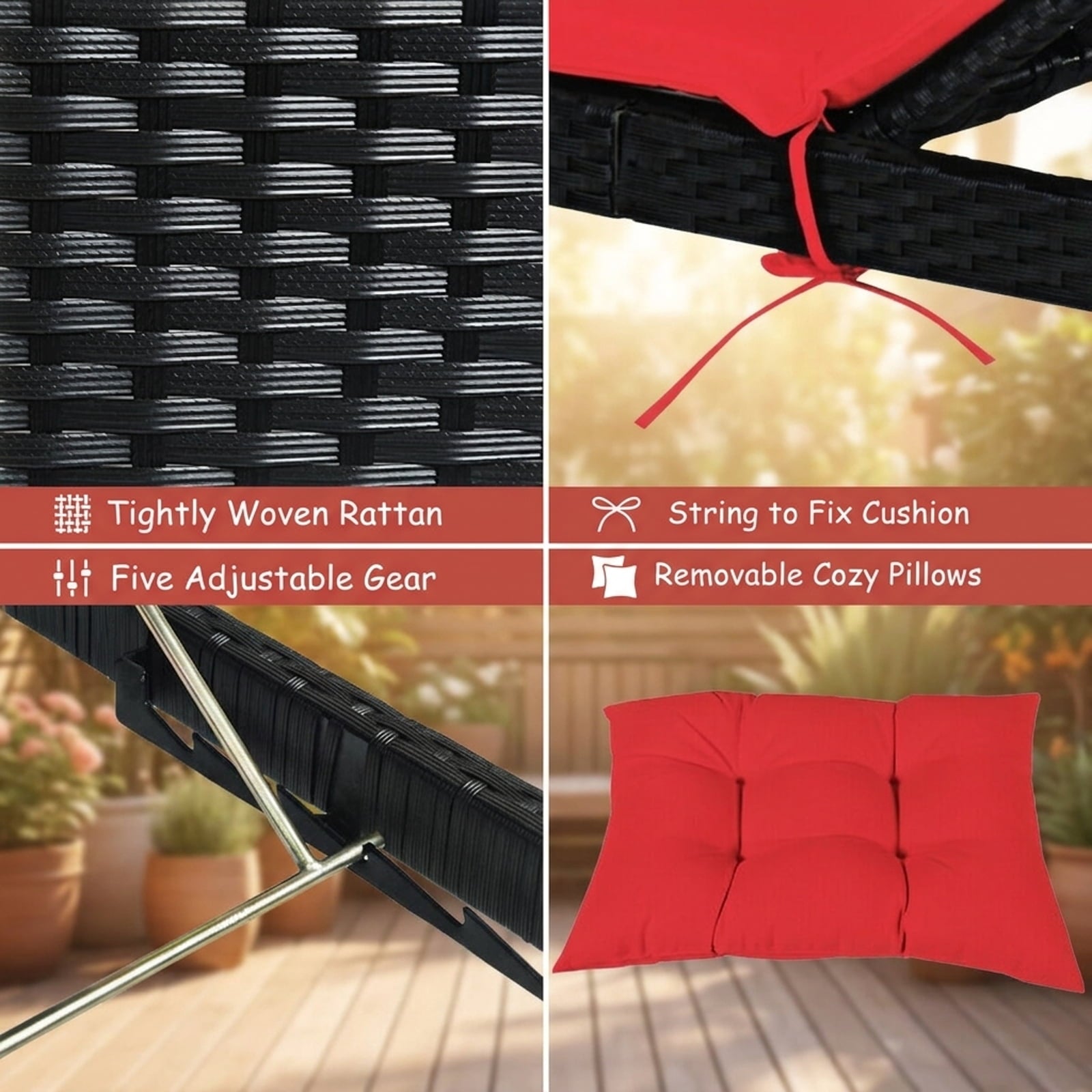 Biotree Patio Rattan Lounge Chair Back Adjustable Chaise Recliner with Cushioned Stackable Patio Chair for Garden BackyardRed