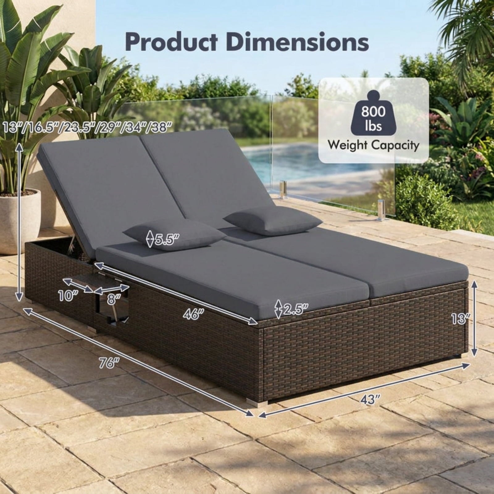 Biotree Patio Double Chaise Lounge with Cushions and Folding Side Trays Stackable Patio Chair for Garden BackyardGray