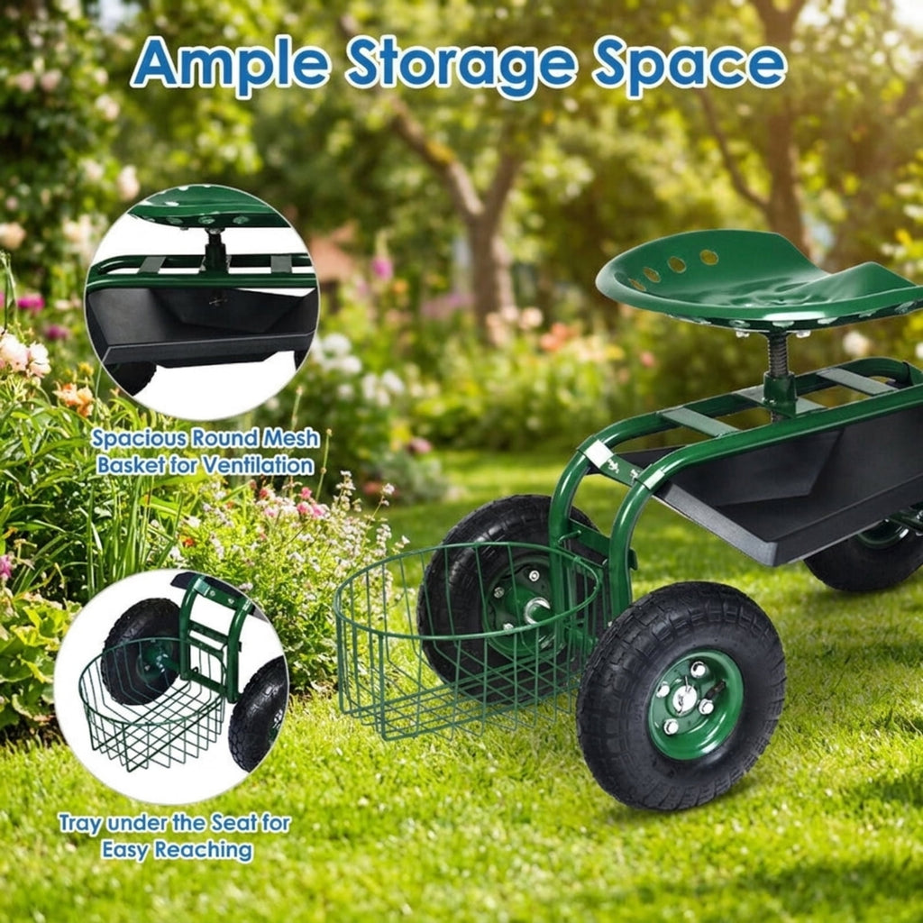 Biotree Rolling Garden Cart with 360¡ã Swivel Seat, Height Adjustable Garden Scooter, Heavy Duty Yard Cart with Tool Tray and Storage Basket for Gardening Weeding Yard Work Green