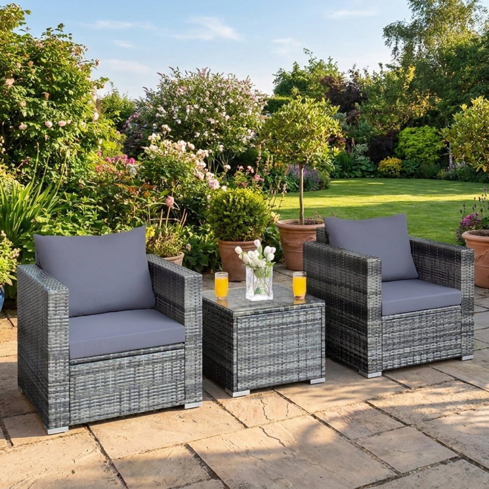 Biotree 3 Pcs Patio Rattan Furniture Bistro Sofa Set with Cushioned Outdoor Conversation Set for Garden Backyard PorchGray