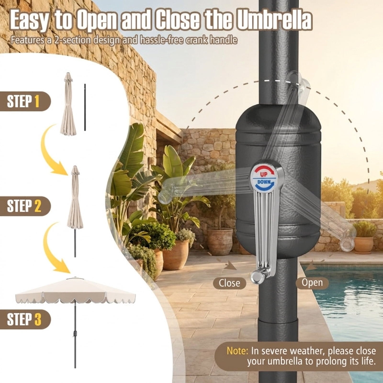 Biotree 10 ft Market Patio Umbrella with Crank and Tilt, 8 Sturdy Ribs, Vented Canopy - Beige for Backyard