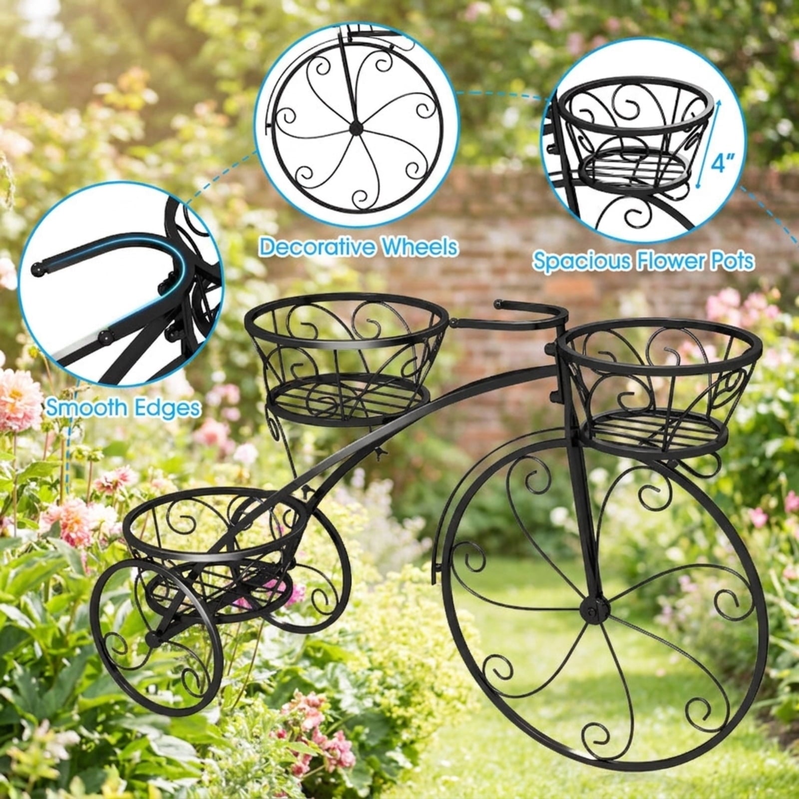 Biotree Tricycle Plant Stand Flower Pot Cart Holder with 3 Hollowed Baskets for Indoor Outdoor Patio Balcony Garden, Bronze