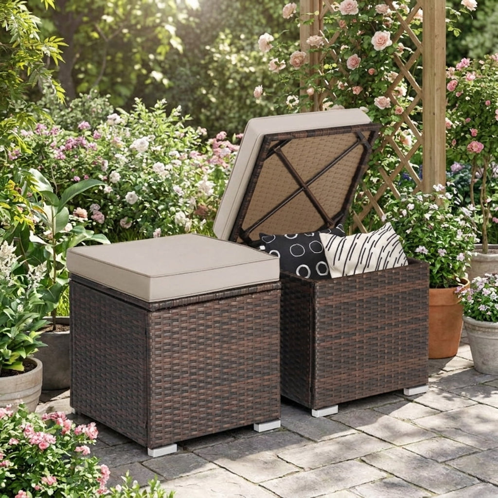 Biotree 2 Pieces Patio Ottoman with Removable Cushions Stackable Patio Chair for Garden BackyardBrown