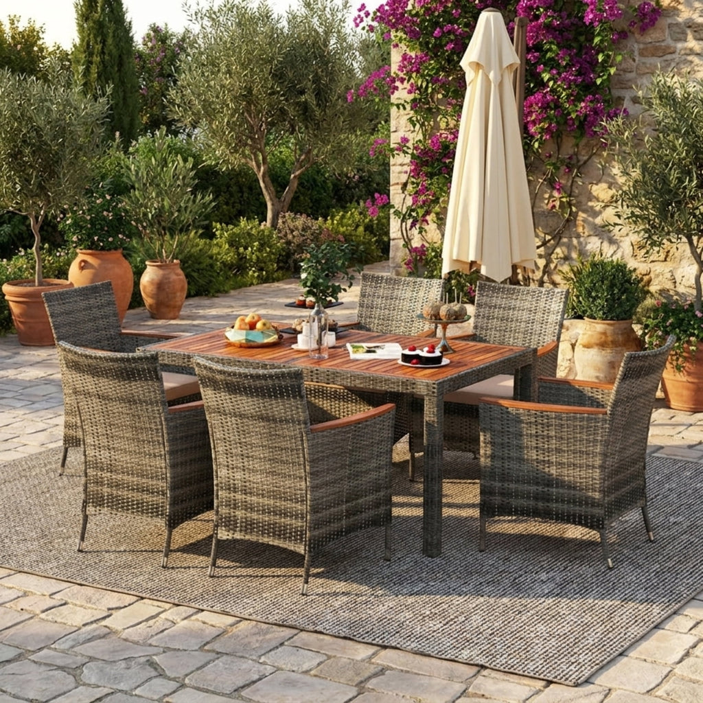 Biotree 7 Pieces Patio Acacia Wood Cushioned PE Rattan Wicker Dining Set Outdoor Conversation Set for Garden Backyard PorchGray