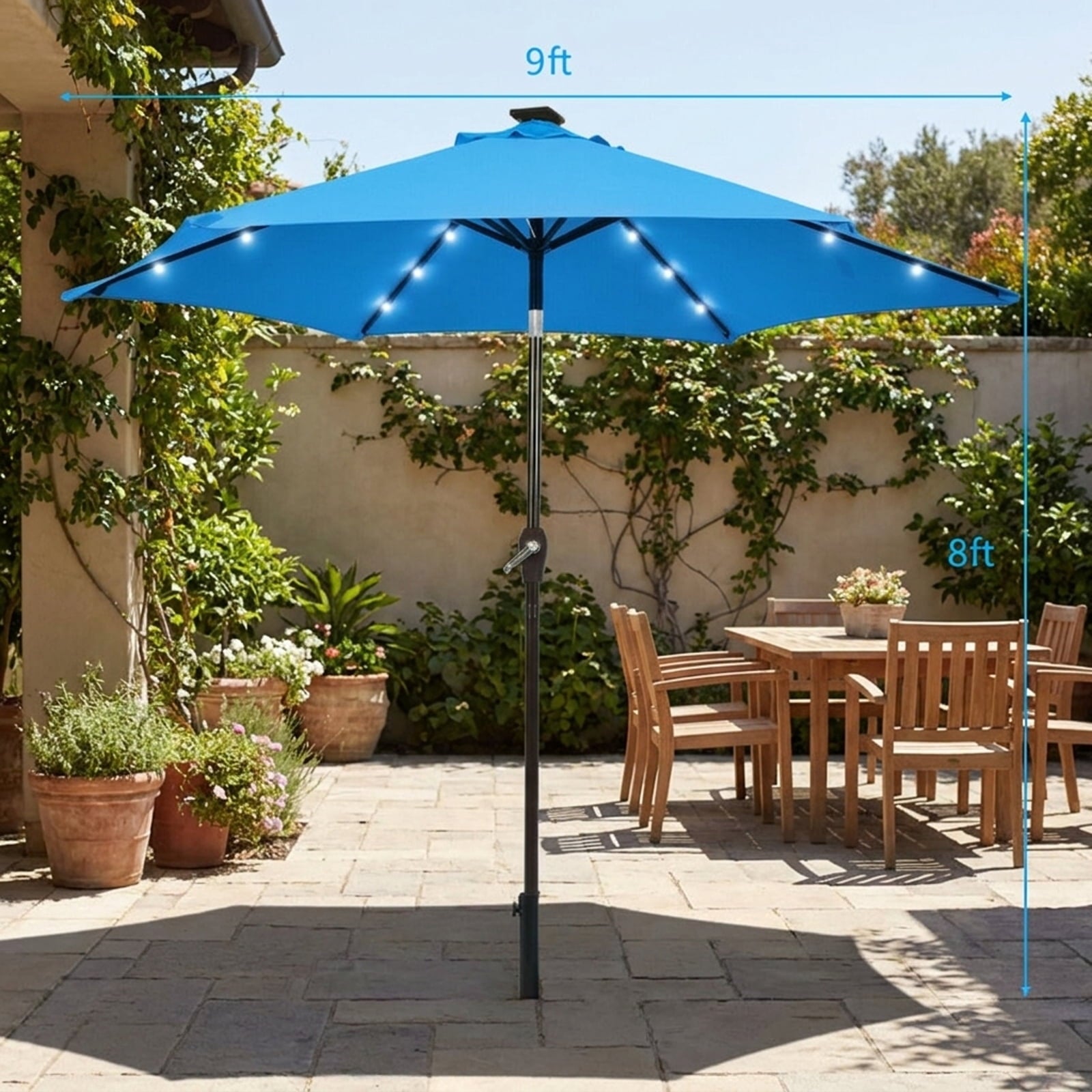 Biotree 9 ft Solar LED Market Patio Umbrella with Crank and Tilt, 6 Sturdy Ribs, Vented Canopy - Navy Blue
