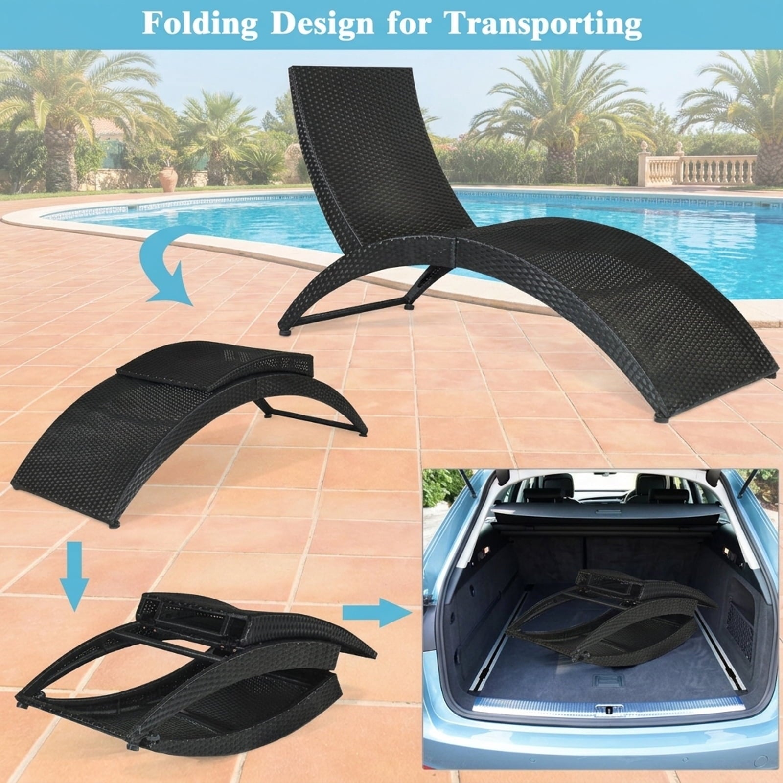 Biotree Folding Patio Rattan Portable Lounge Chair Chaise with Cushion Stackable Patio Chair for Garden BackyardTurquoise