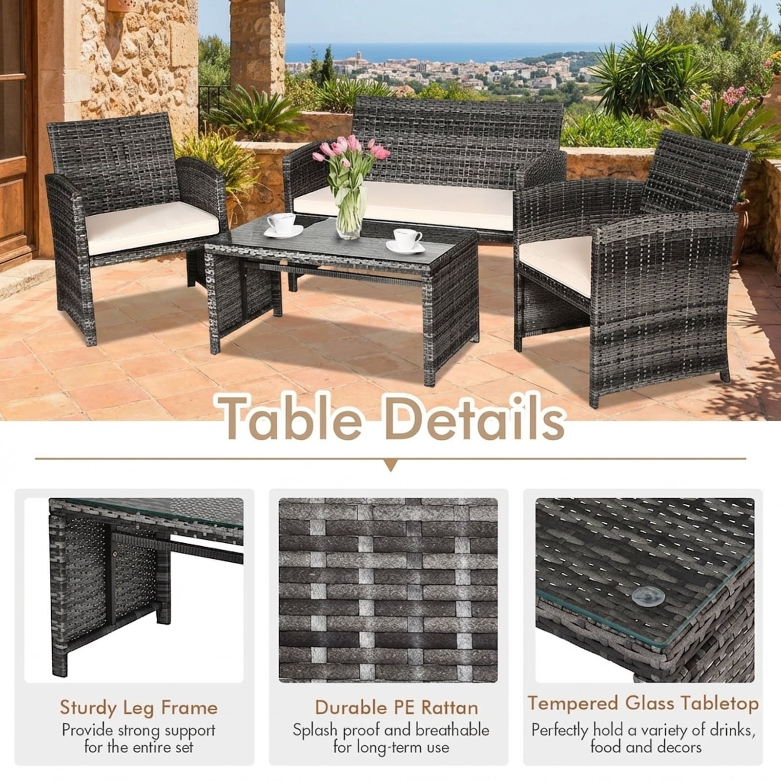 Biotree 4-Piece Patio Rattan Sofa Set with Glass Table-White