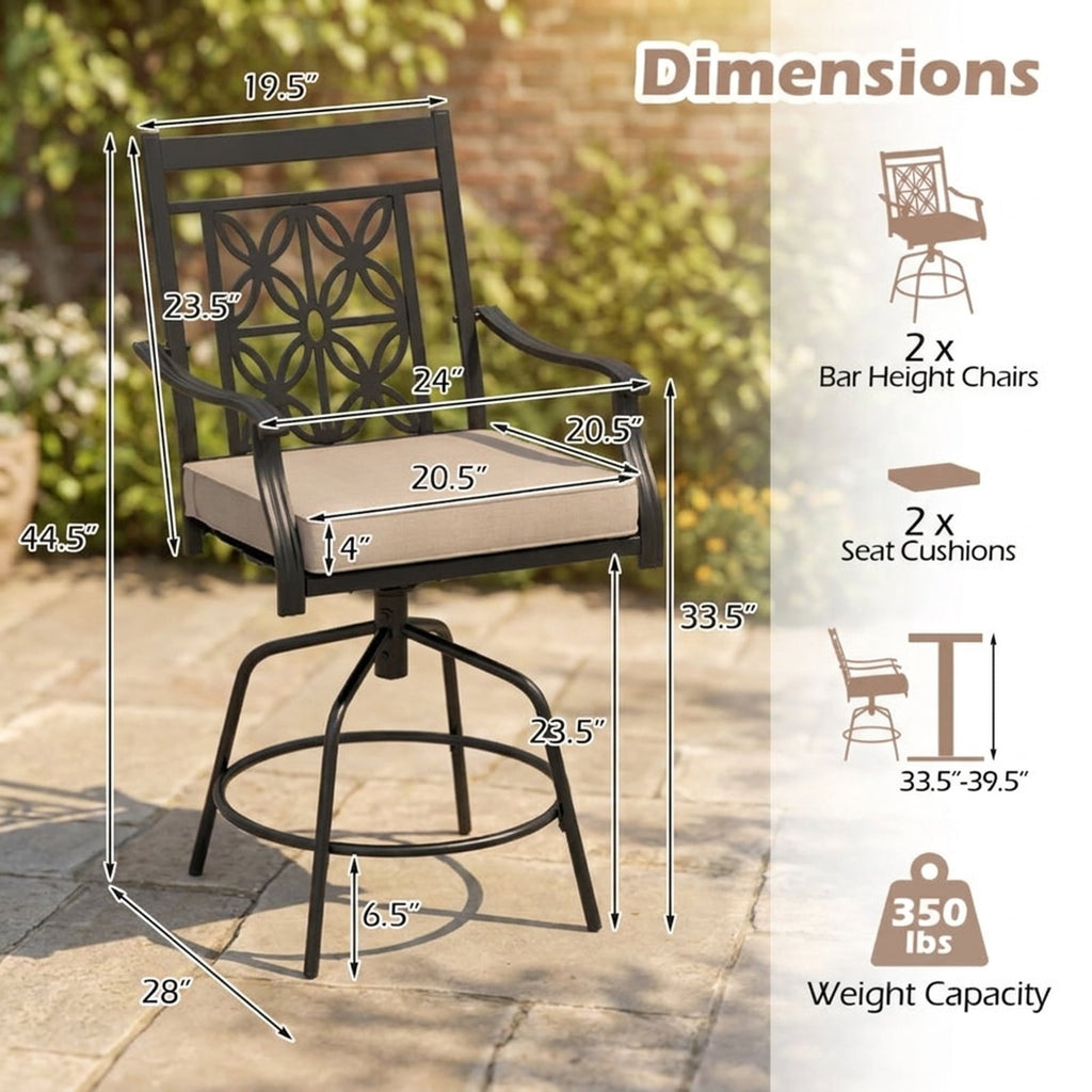 Biotree Set of 2 Outdoor Swivel Bar Stools with Cushioned Seats and Armrests, Brown - Outdoor Patio Bar Height Chair with Footrest