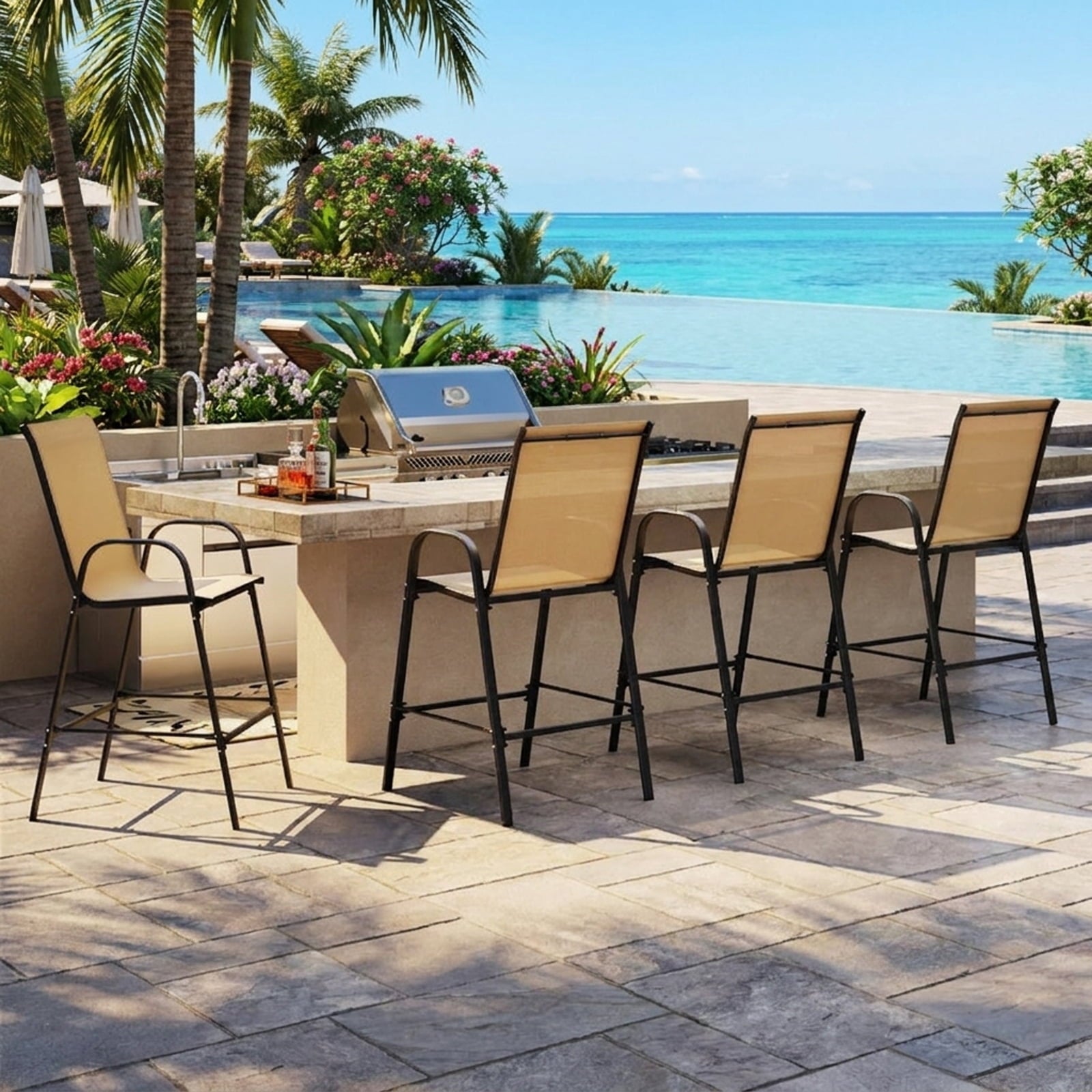 Biotree Set of 2 Outdoor Bar Stools 29-Inch Fabric Patio Bar Chairs with Armrests Inclined Backrest, Beige