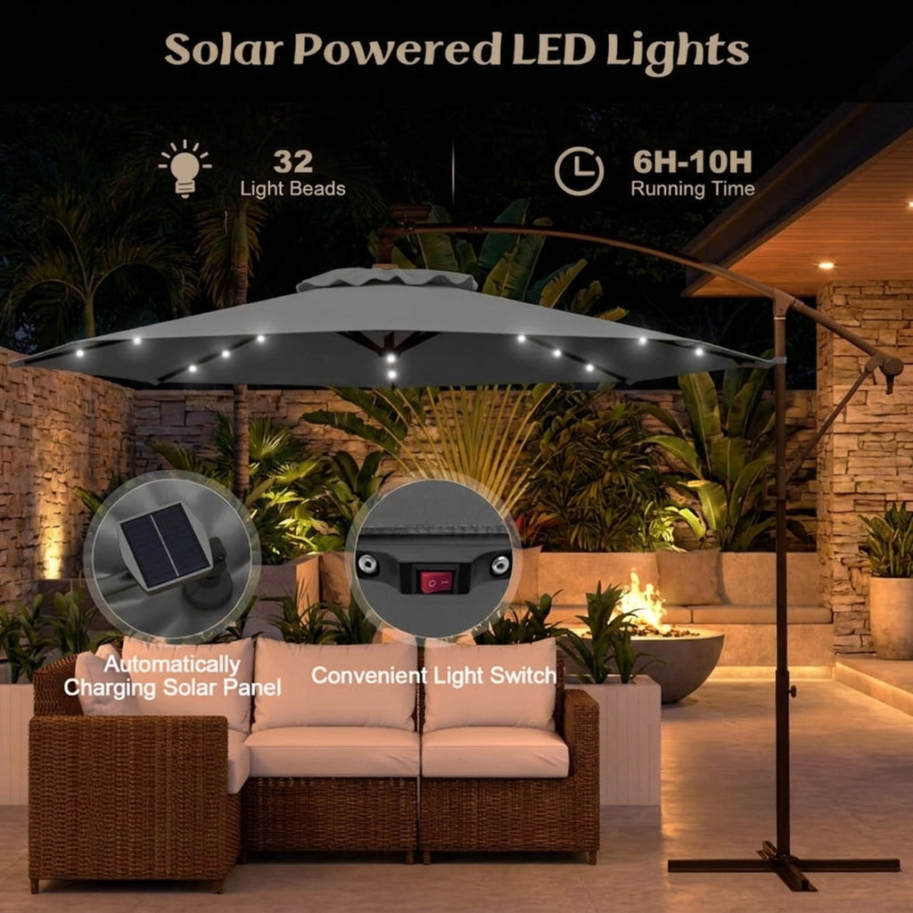 Biotree 10 ft Cantilever Offset Patio Umbrella Solar LED Lights Outdoor Shade - Gray - UV Protection