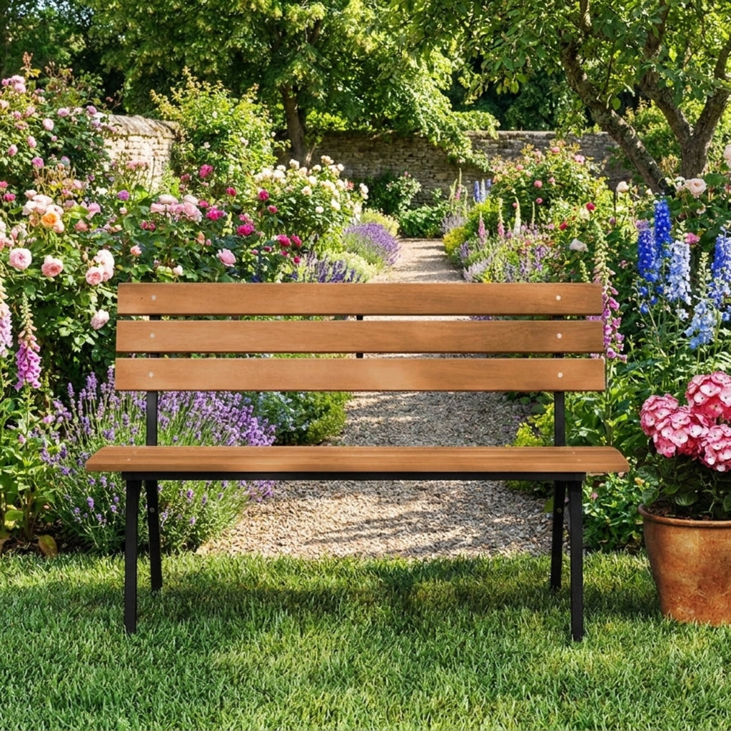 Biotree 47 Inch Outdoor Acacia Wood Bench with Metal Frame and Slatted Seat Stackable Patio Chair for Garden BackyardNatural + Black