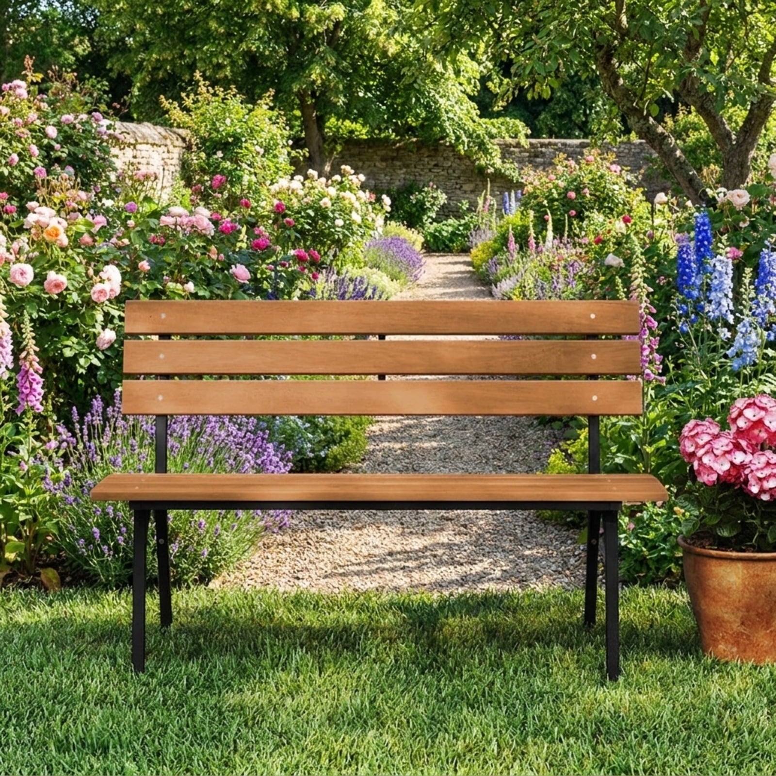 Biotree 47 Inch Outdoor Acacia Wood Bench with Metal Frame and Slatted Seat Stackable Patio Chair for Garden BackyardNatural + Black