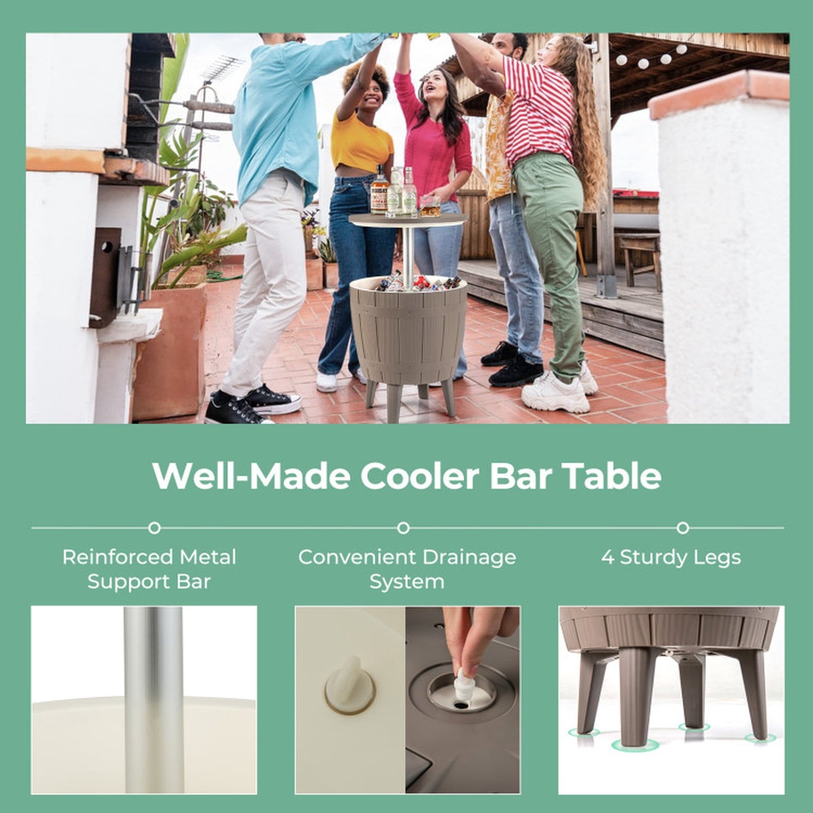 Biotree 10 Gallon Cooler Bar Table Outdoor Coffee Table Ice Bucket with Telescopic Tabletop for Beer and Wine, Brown