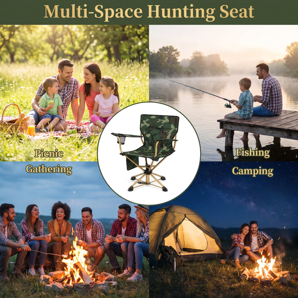 Biotree 360 Degree Swivel Hunting Chair, Portable Folding Camping Chair with Cup Holder, Storage Pockets and Carry Bag, 300 Lbs Capacity, Green